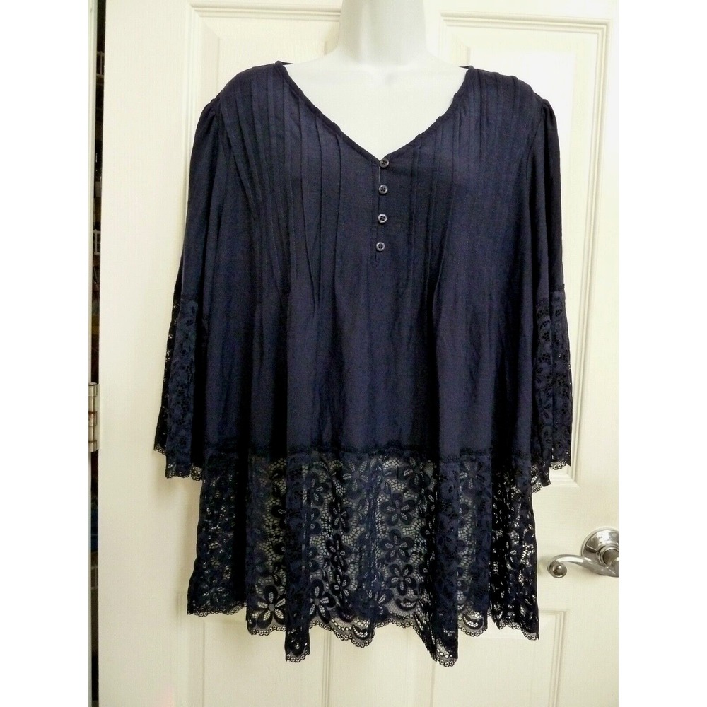 *NEW!! ROAMAN'S Sz 12, S Lacy Pin-Tucked Top Blouse Navy Boho Fairy Goth*